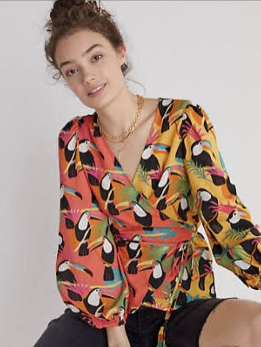 FARM Rio Multicolor Toucan Wrap Blouse - Coral, Yellow & Black SzXS